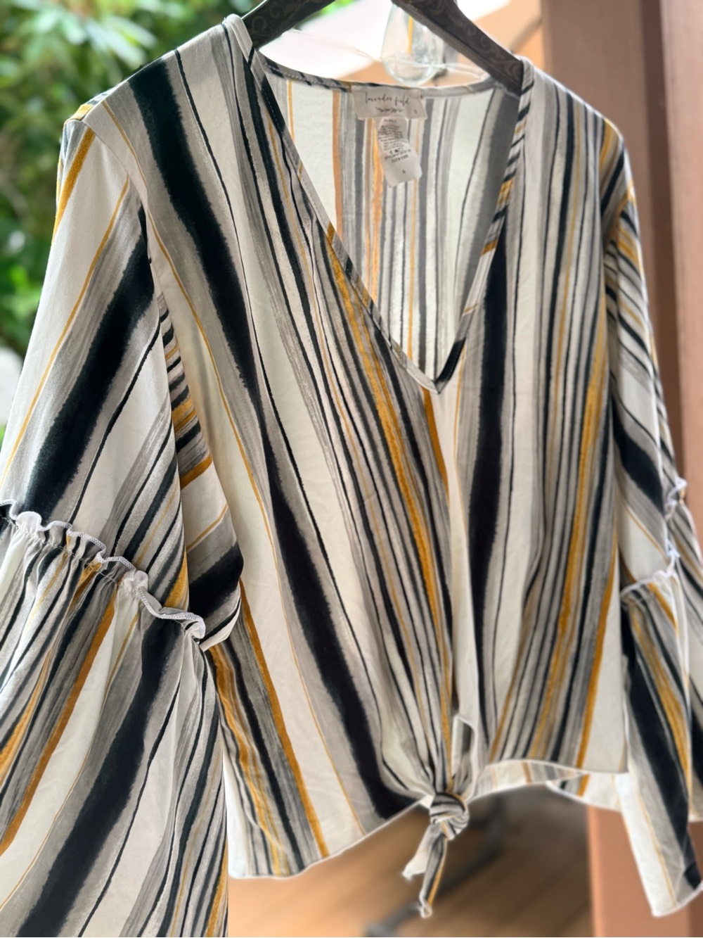 lavender field Striped V-Neck Tie-Front Blouse in White, Black & Yellow